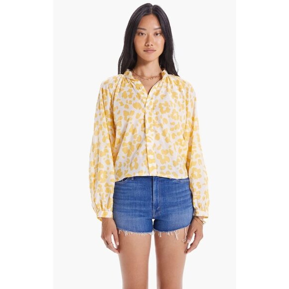 MOTHER Sunburst Yellow Leopard Floral Cotton Voile Puff Sleeve Blouse, Size L - Picture 1 of 16